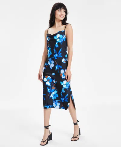 Bar Iii Women's Floral-print Bias-cut Midi Dress, Created For Macy's In Black,french Blue