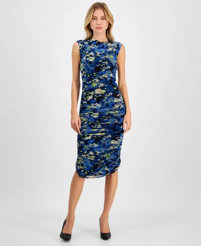 Bar Iii Women's Floral-print Mesh Ruched Sheath Dress, Exclusively At Macy's  In Cadet Dusk Multi | ModeSens