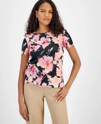 Bar Iii Women's Floral-print Short-sleeve Top, Created For Macy's In Black,rose Bloom Multi