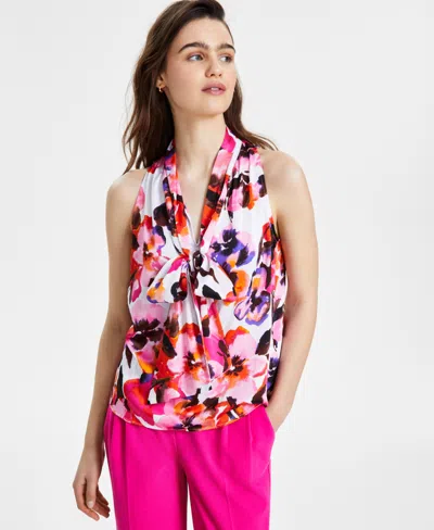 Bar Iii Women's Floral-print Sleeveless Tie-neck Top, Created For Macy's In Blanc,sunset Rose