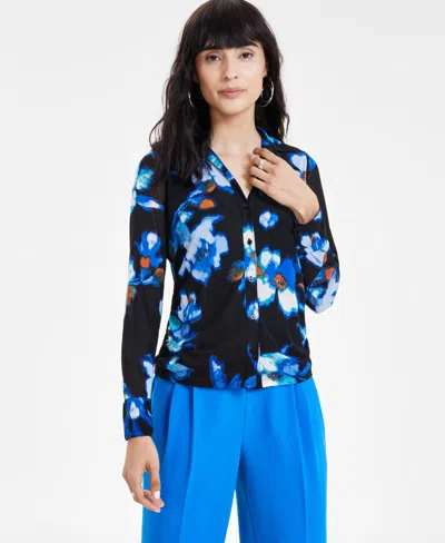 Bar Iii Women's Floral-print Triple Mesh Shirt, Created For Macy's In Black,french Blue