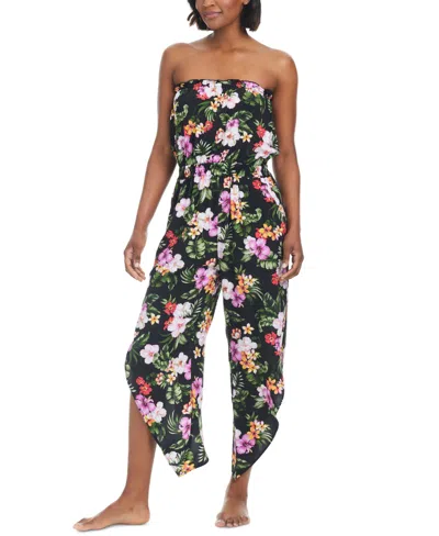 Bar Iii Women's Floral-print Tulip-hem Romper Cover-up, Created For Macy's In Black Multi