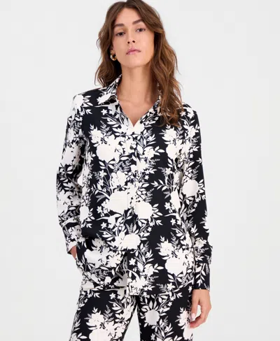 Bar Iii Women's Floral-print Button-front Shirt, Macy's Exclusive In Black