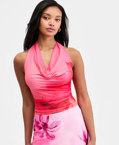 Bar Iii Women's Floral-print Mesh Cowl-neck Halter Top, Macy's Exclusive In Pink
