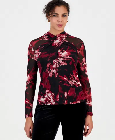 Bar Iii Women's Floral-print Mesh Long-sleeve Blouse, Macy's Exclusive In Burgundy