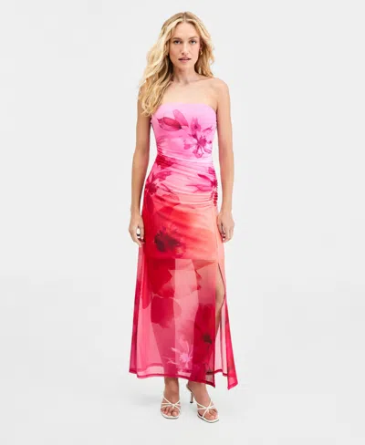 Bar Iii Women's Floral-print Mesh Strapless Dress, Macy's Exclusive In Multi