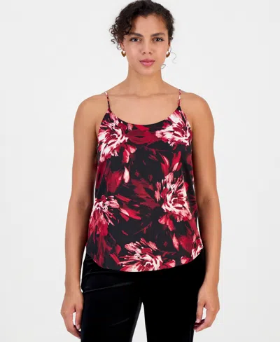 Bar Iii Women's Floral-print Scoop-neck Satin Camisole, Macy's Exclusive In Black,pomegranate Multi