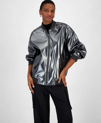 Bar Iii Women's Foil Faux-leather Bomber Jacket, Created For Macy's In Silver