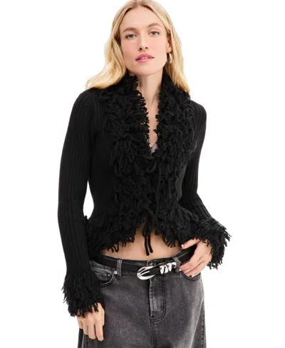 Bar Iii Women's Fringe Trim Long-sleeve V-neck Cardigan, Macy's Exclusive In Black