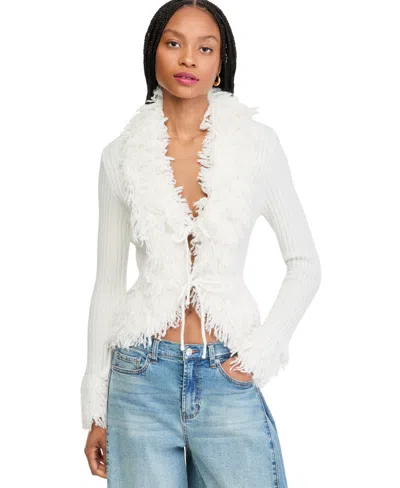 Bar Iii Women's Fringe Trim Long-sleeve V-neck Cardigan, Macy's Exclusive In Crema