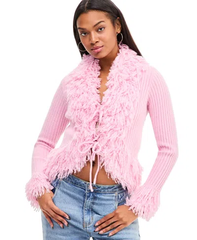 Bar Iii Women's Fringe Trim Long-sleeve V-neck Cardigan, Macy's Exclusive In Sweet Bloom