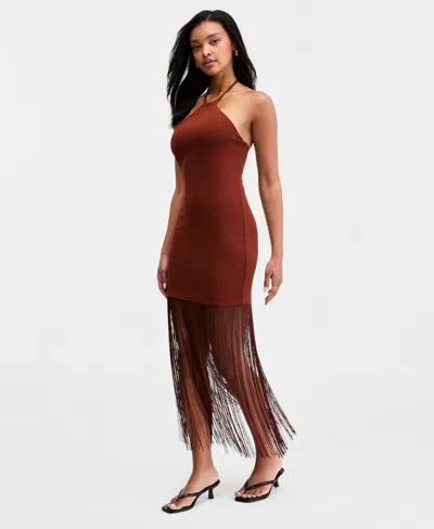 Bar Iii Women's Fringe-hem Halter Dress, Macy's Exclusive In Burgundy