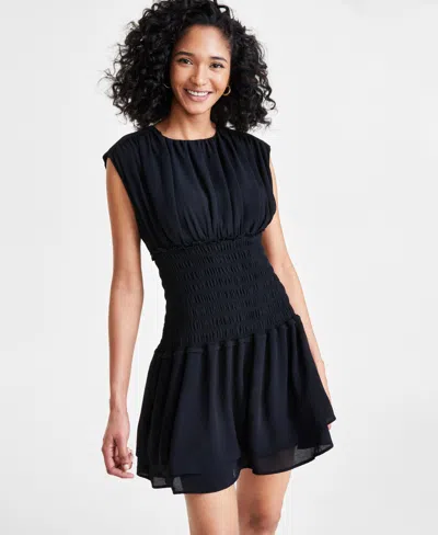 Bar Iii Women's Gathered Smocked Sleeveless Mini Dress, Created For Macy's In Deep Black