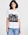Bar Iii Trendy Plus Size Corset Graphic Crewneck T Shirt Pull On High Rise Stud Trim Capri Pants Exclusively In Graphic Corset