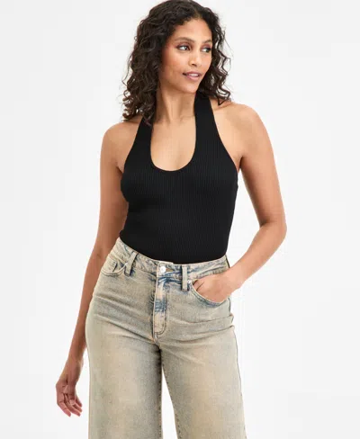Bar Iii Women's Halter Neck Rib-knit Sweater Bodysuit, Exclusively At Macy's In Black