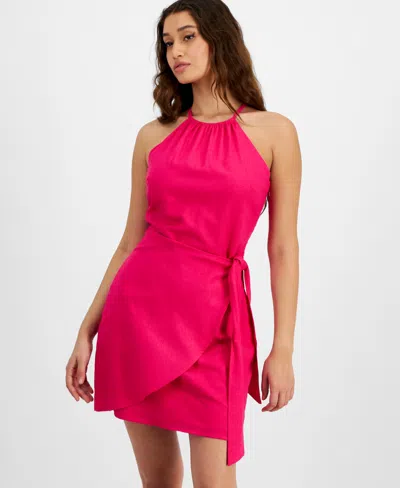 Bar Iii Women's High-neck Linen Blend Sleeveless Mini Dress, Created For Macy's In Pink Peacock