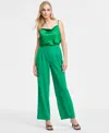 Bar Iii Womens Ruched Sleeve Blazer Satin Cowlneck Top Wide Leg Pants Exclusively At Macys In Green Chili