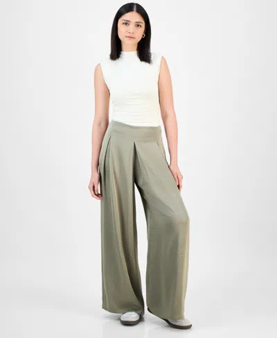 Bar Iii Women's High-rise Pleated Wide-leg Satin Pants, Exclusively At Macy's