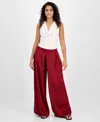 Bar Iii Women's High-rise Pleated Wide-leg Satin Pants, Exclusively At Macy's In Red