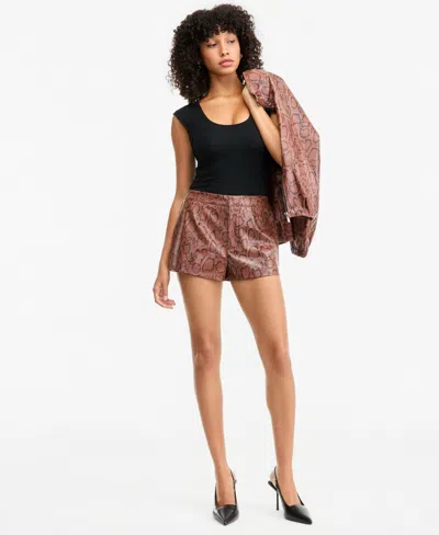 Bar Iii Women's High-waisted Snake-print Shorts, Macy's Exclusive In Brown