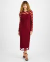 Bar Iii Women's Lace Long-sleeve Crewneck Midi Dress, Created For Macy's In Cherry Pie