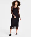 Bar Iii Women's Lace Long-sleeve Crewneck Midi Dress, Created For Macy's In Deep Black