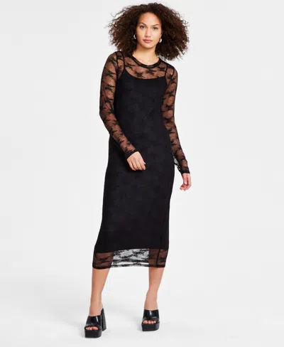 Bar Iii Women's Lace Long-sleeve Crewneck Midi Dress, Created For Macy's In Deep Black