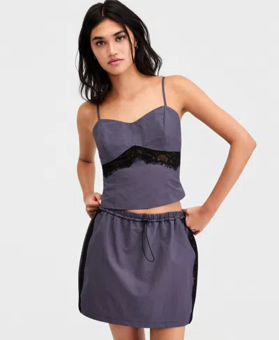 Bar Iii Women's Lace-trim Cropped Top, Macy's Exclusive In Blue