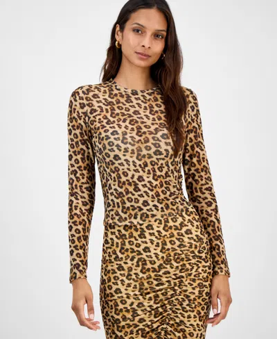 Bar Iii Women's Leopard-print Mesh Long-sleeve Top, Macy's Exclusive In Multi