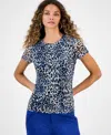 Bar Iii Women's Leopard-print Short-sleeve Mesh Top, Macy Exclusive In Blue