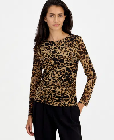 Bar Iii Women's Leopard-print Ruched Mesh Top, Macy's Exclusive In Brown