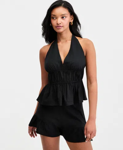 Bar Iii Women's Linen-blend Halter Top, Macy's Exclusive In Black