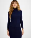 Bar Iii Women's Long-sleeve Metallic Mock Neck Top, Created For Macy's In Black,deep Blue
