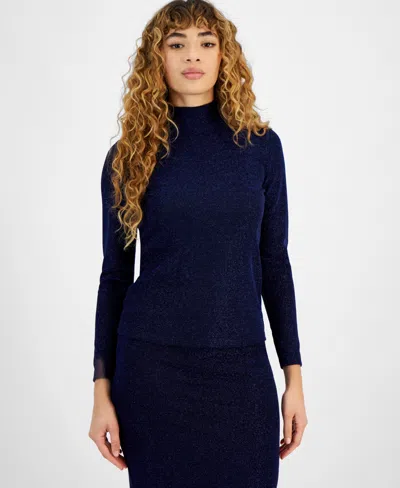 Bar Iii Women's Long-sleeve Metallic Mock Neck Top, Created For Macy's In Black,deep Blue