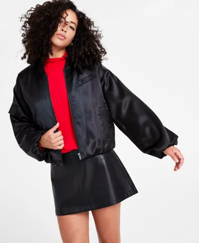 Bar Iii Women's Long-sleeve Satin Bomber Jacket, Created For Macy's In Deep Black