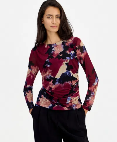 Bar Iii Women's Long-sleeve Crewneck Ruched Top, Macy's Exclusive In Purple