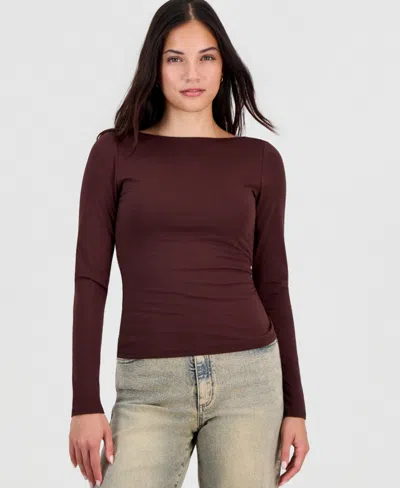 Bar Iii Women's Long-sleeve Draped-back Top, Macy's Exclusive In Burgundy
