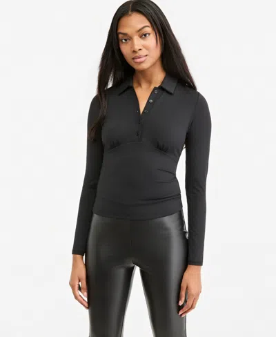 Bar Iii Women's Long-sleeve Ruched Polo Shirt, Macy's Exclusive In Black