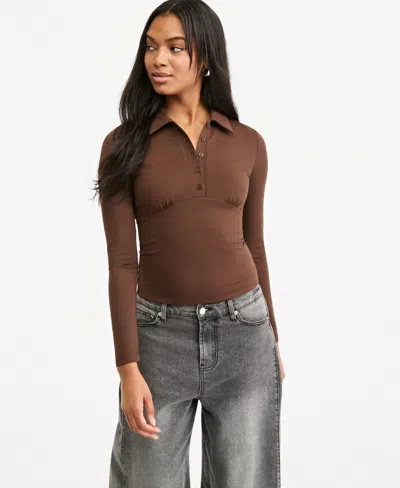 Bar Iii Women's Long-sleeve Ruched Polo Shirt, Macy's Exclusive In Brown