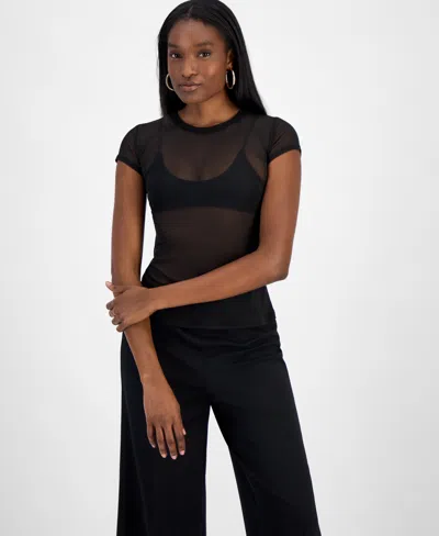 Bar Iii Women's Mesh Cap-sleeve Semi-sheer Top, Exclusively At Macy's In Deep Black