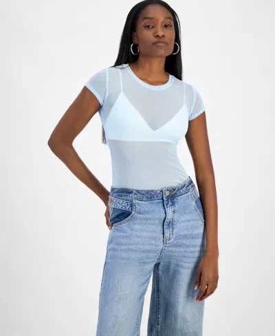 Bar Iii Women's Mesh Cap-sleeve Semi-sheer Top, Exclusively At Macy's In Oasis Blue