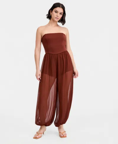 Bar Iii Women's Mixed-media Strapless Bubble Jumpsuit, Macy's Exclusive In Burgundy