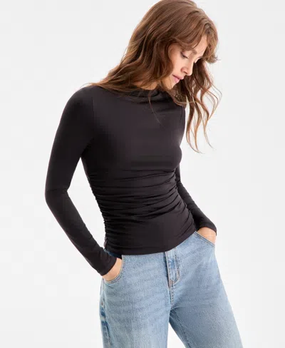 Bar Iii Women's Mock Neck Second-skin Ruched Top, Macy's Exclusive In Black