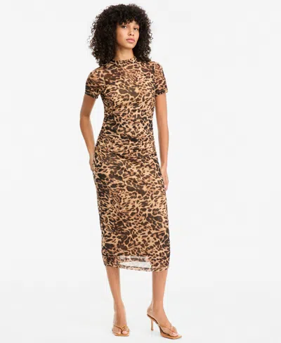 Bar Iii Women's Mock Neck Short-sleeve Triple Mesh Midi Dress, Macy's Exclusive In Brown