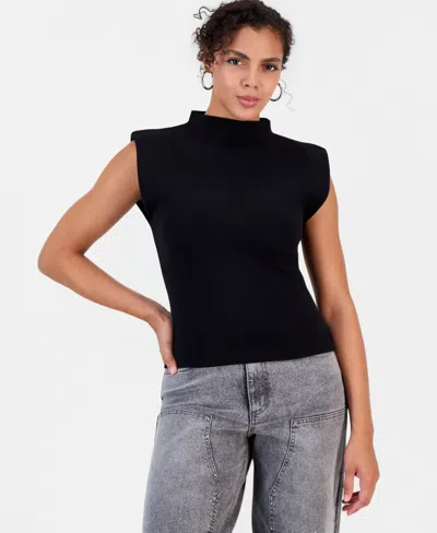 Bar Iii Women's Mock Neck Shoulder Pad Top, Macy's Exclusive In Black