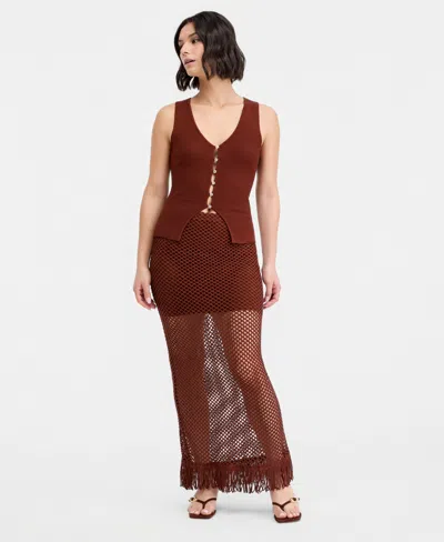 Bar Iii Women's Net Fringe-hem Skirt, Macy's Exclusive In Brown