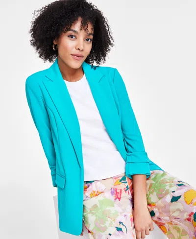 Bar Iii Women's Notch-lapel Ruched-sleeve Open-front Blazer, Created For Macy's In Teal Oasis