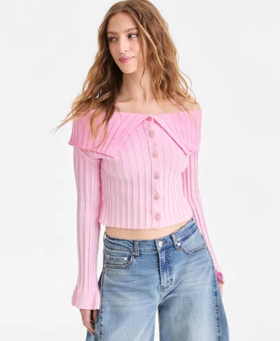 Bar Iii Women's Off-the-shoulder Button-front Sweater, Macy's Exclusive In Pink