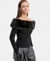 Bar Iii Women's Off-the-shoulder Faux-fur-trim Top, Macy's Exclusive In Black