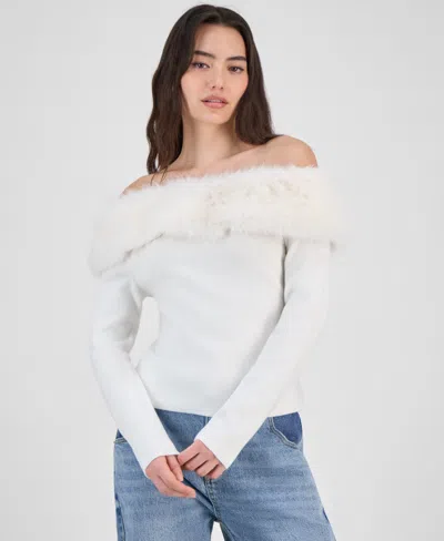 Bar Iii Women's Off-the-shoulder Faux-fur-trim Top, Macy's Exclusive In White